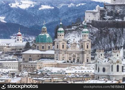 Snowy cathedral of Salzburg, historical center in winter