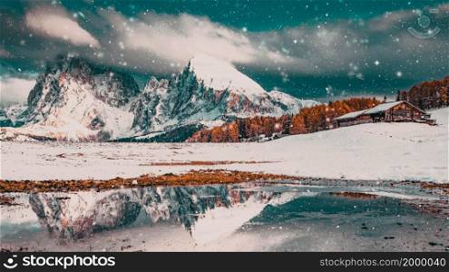 snowy early winter landscape in Alpe di Siusi. Dolomites Italy - winter holidays destination