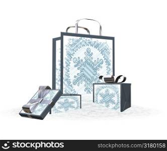 Snowy gift bags and boxes