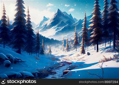 Snowy landscape with trees.  Beautiful forest winter.  Generative AI
