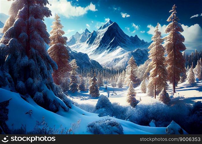 Snowy landscape with trees.  Beautiful forest winter.  Generative AI
