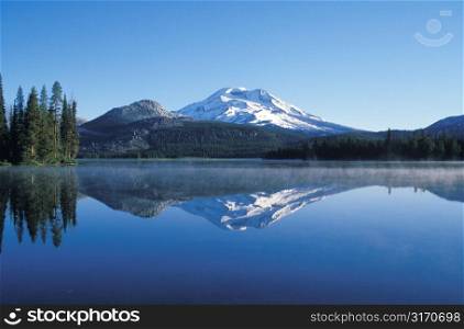 Snowy Mountain Peak Reflected In A Still Lake