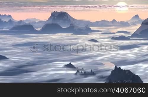 Snowy mountain peaks rise above the clouds. Above the misty horizon, the bright setting sun, shining with pink light. In the sky floating clouds.