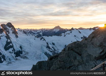 Snowy mountains. Mountain landscape with snow and clear blue sky