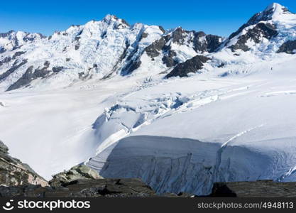 Snowy mountains. Mountain landscape with snow and clear blue sky