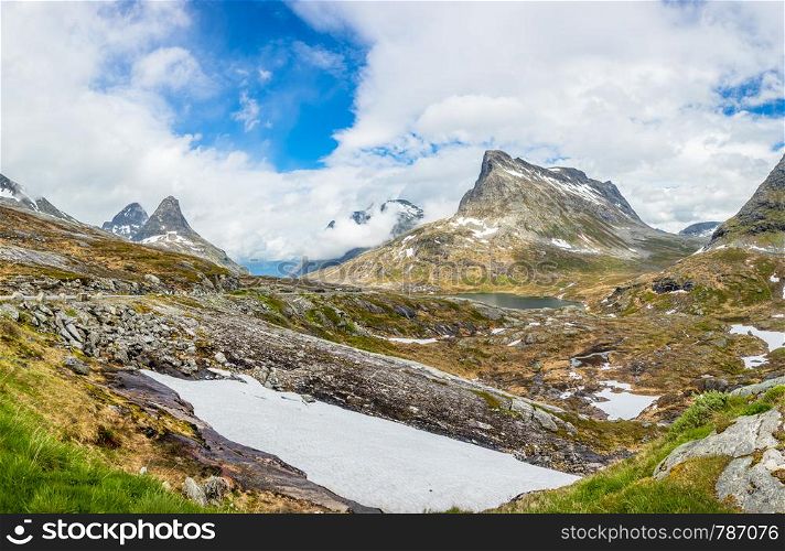 Snowy mountains peaks around Alnesvatnet lake panorama, path of trolles, Trollstigen, Rauma Municipality, More og Romsdal, county, Norway
