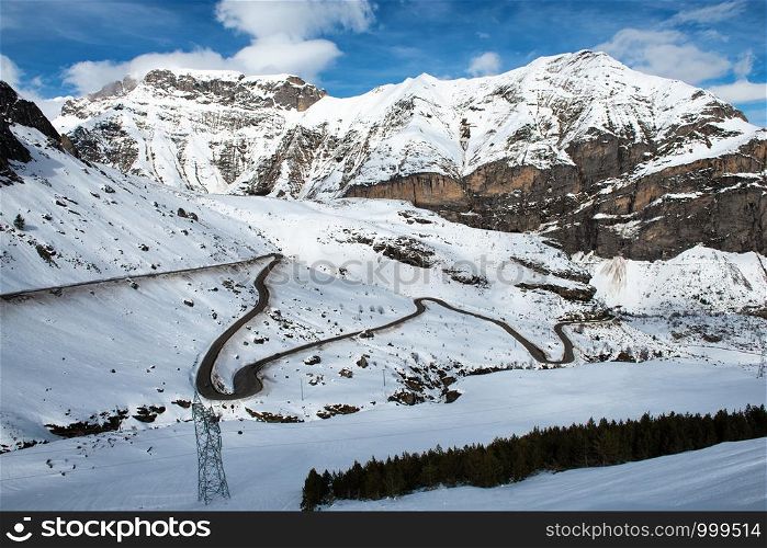 snowy Pyrenees mountains with a small winding road