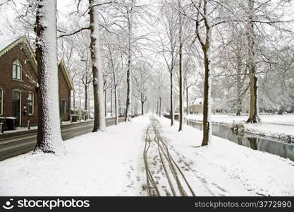 Snowy road in winter in the Netherlands