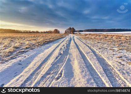 Snowy rural road with traces and footprints on winter riverbank. Frost on grass, cane. February Forest river sunrise. Cold Weather landscape. Europe rural scene. Low Cloudy sky