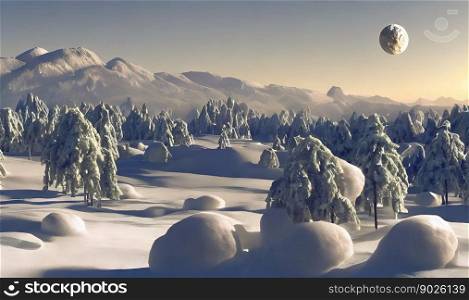 Snowy sunny winter landscape with mountain range on horizon on alien planet,made with generative ai