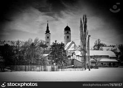 Snowy town of Krizevci winter black and white view, Prigorje, Croatia