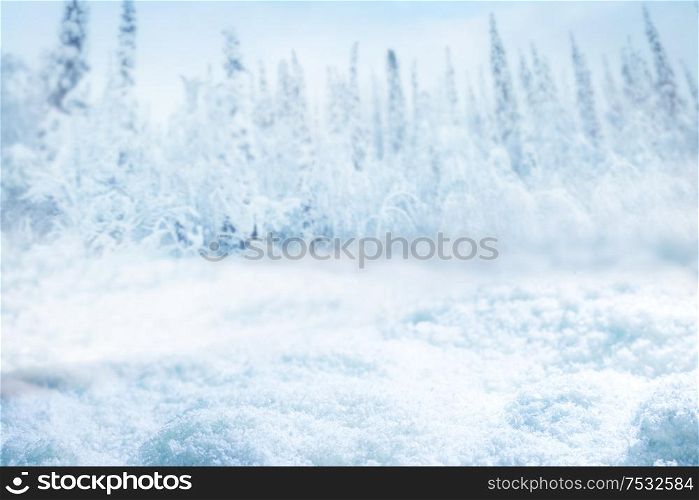 Snowy winter fir forest background, focus on snowdrift. Snowy winter forest background