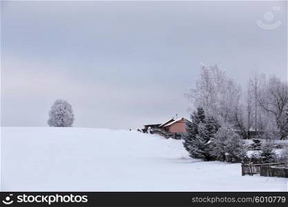 Snowy winter in a village. Belarus