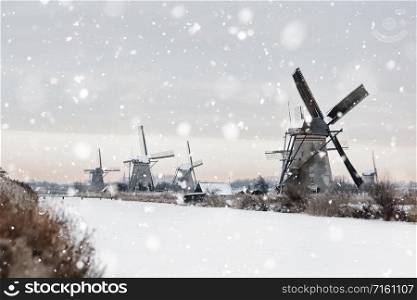 Snowy winter landscape with old rural windmills in Kinderdijk, The Netherlands. Magic background. Monochromatic neutral tones with natural light