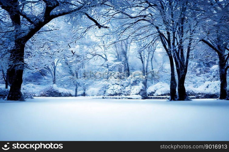 Snowy winter park landscape with smooth white lawn in foreground and bushes bent by snow in back
