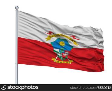 Soacha City Flag On Flagpole, Country Colombia, Cundinamarca Department, Isolated On White Background. Soacha City Flag On Flagpole, Colombia, Cundinamarca Department, Isolated On White Background