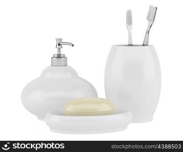 soap and toothbrushes isolated on white background