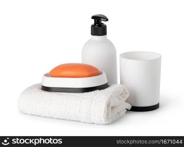 soap and towel on a white background.. soap and towel