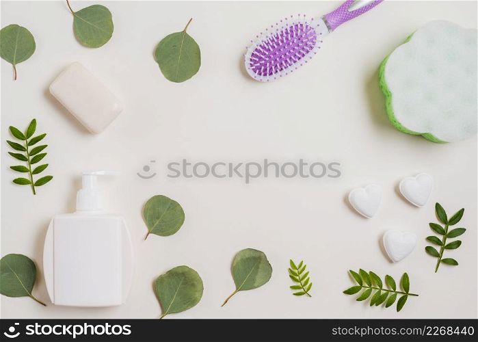 soap hairbrush dispenser bottle green leaves white backdrop