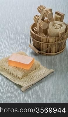 soap on bast with wooden bucket