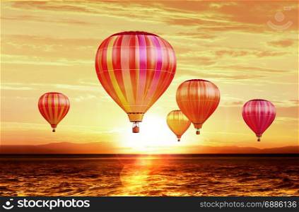 soar hot air balloons on sunset