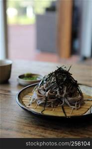 Soba noodles on wood background , Japanese food