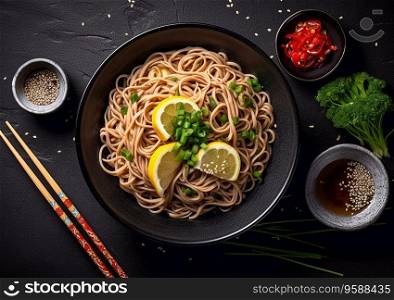 Soba traditional japanese buckwheat noodles with chopsticks.Top view.AI Generative