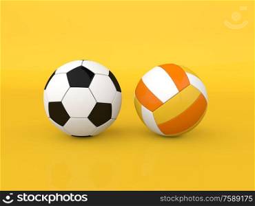 Soccer and volleyball balls on a yellow background. 3d render illustration.. Soccer and volleyball balls on a yellow background.