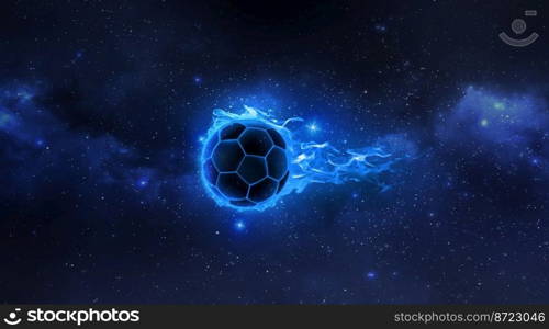 Soccer ball ball on light blue flames floating in the Planet view from space. 3d render