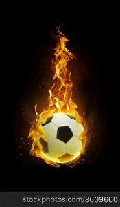 Soccer ball, fire in hand black background