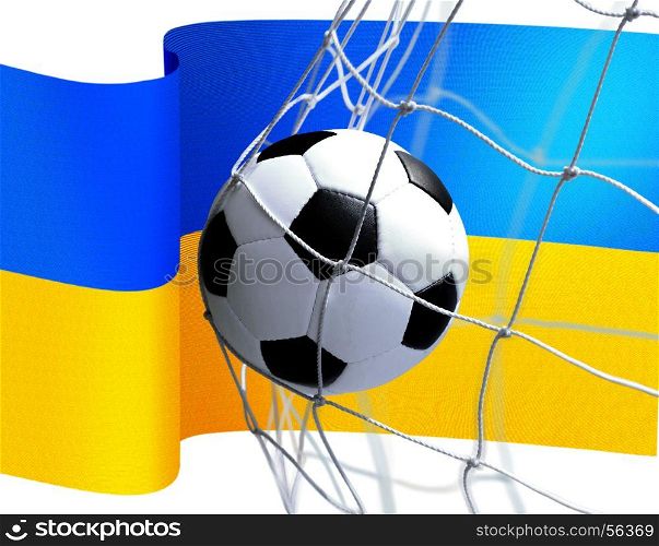 soccer ball in goal net on Ukrainian flag background