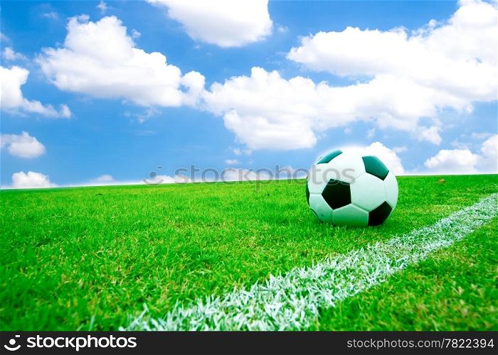 Soccer ball in grass. Behind the sky bright.