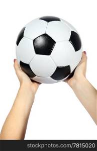 Soccer ball in hands on the white background. (isolated)
