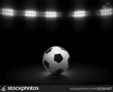 Soccer ball on a black background under stadium lights