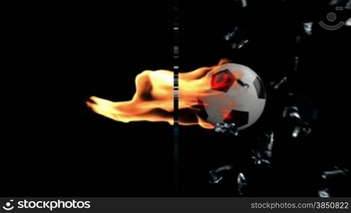 Soccer Ball on fire breaking glass, side view, Alpha