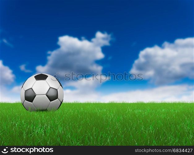 Soccer ball on grass on the blue sky background. 3D render.