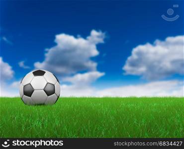 Soccer ball on grass on the blue sky background. 3D render.