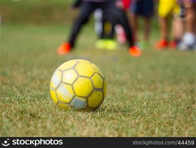 Soccer ball on the grass and training children