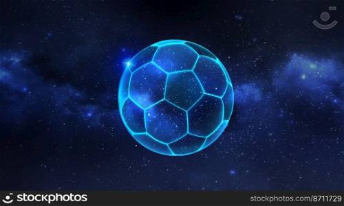 Soccer ball or football with futuristic blue glowing neon lights floating in the Planet view from space. 3d render
