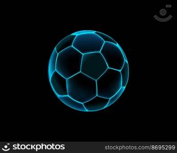 Soccer ball or football with futuristic blue glowing neon lights on a dark background, wide image. 3d rendering