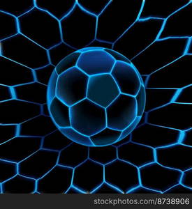 Soccer ball or football with futuristic blue glowing neon lights on the mesh background. 3d render