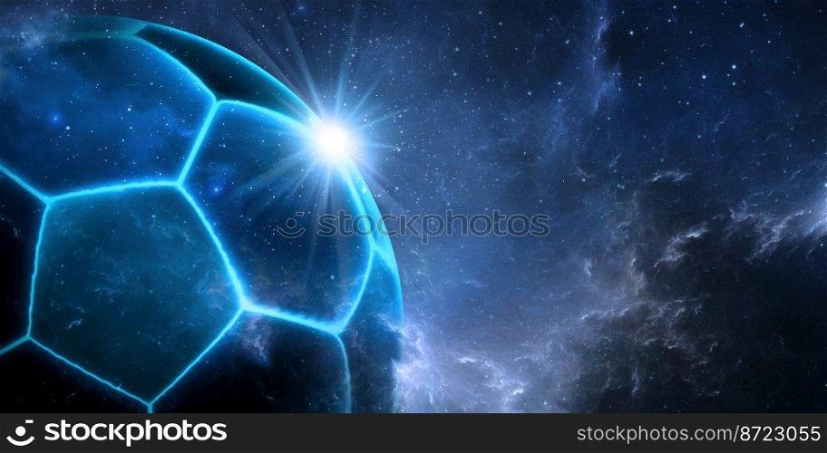 Soccer ball or football with futuristic blue glowing neon lights. Soccer game concept. 3d render
