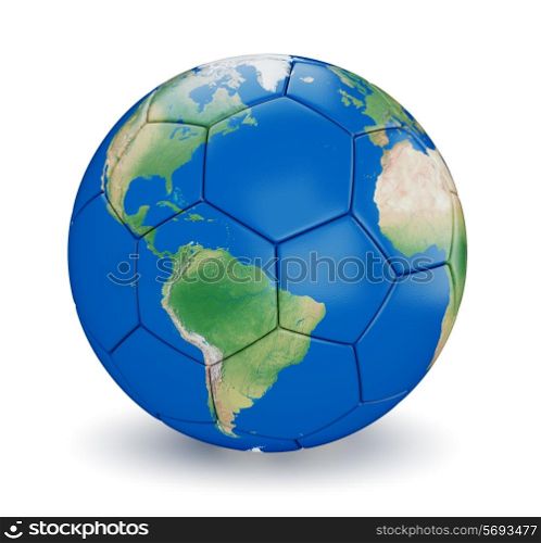 Soccer ball shaped earth world isolated on white background. Map used is from computer generated map from www.shadedrelief.com and is in public domain