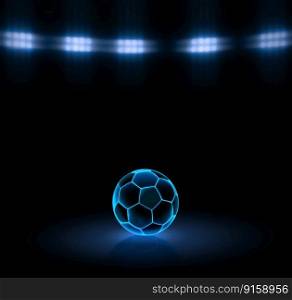 Soccer ball with bright blue glowing neon lines on a black background under stadium lights. 3d render