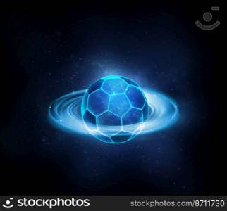 Soccer ball with futuristic blue glowing neon lights. ball game concept