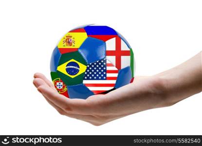 Soccer ball with nations flag at hand isolated on white