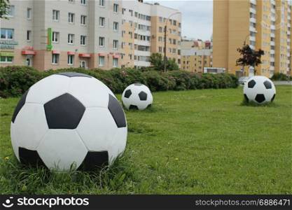 soccer balls on the green lawn
