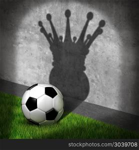 Soccer champion and international football winner concept as a ball casting a shadow wearing a king crown as a metaphor for visualizing victory on the field as a 3D illustration.. Soccer Champion