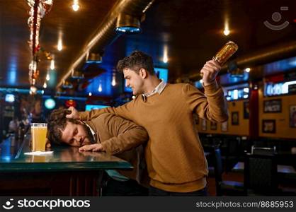 Soccer fans fighting at sport bar. Angry mad guy holding glass beer bottle attacks friend. Emotional people conflict at pub. Soccer fans fighting at sport bar, guy attacks friend