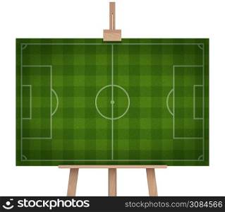 Soccer field with 3d rendering of a wooden easel